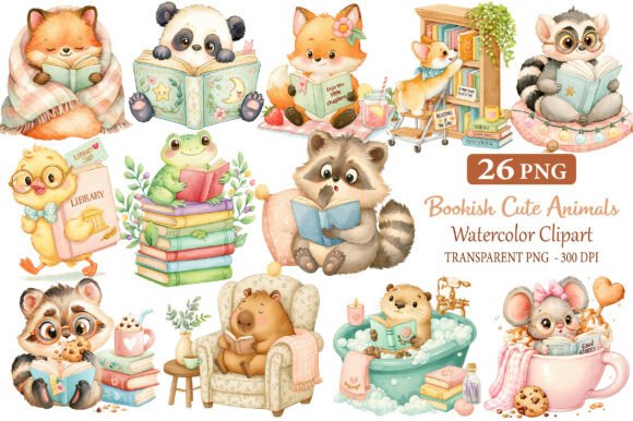 Download Bookish Cute Animals Watercolor Cliparts - Premium Resources